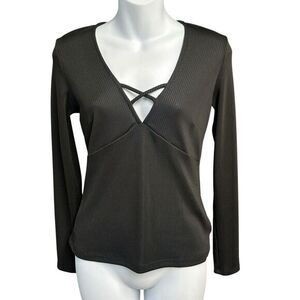 Free People Top Womens Small Black Long Sleeve‎ Ribbed Stretch Strap Deep VNeck